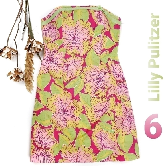 Lilly Pulitzer Pink Green Yellow Strapless Dress 6 - Picture 1 of 16